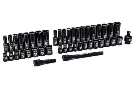 The complete 44-piece GEARWRENCH 84916N impact socket set, including all standard sockets, deep sockets, extensions, and the universal joint, laid out on a white background.