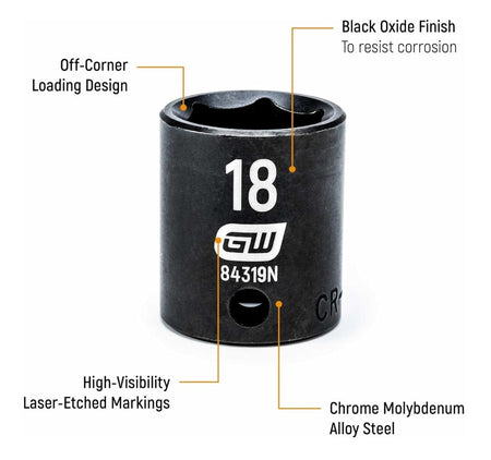 An informational graphic of a GEARWRENCH 18mm impact socket (84319N) with callouts pointing to its features: 'Off-Corner Loading Design,' 'Black Oxide Finish,' 'High-Visibility Laser-Etched Markings,' and 'Chrome Molybdenum Alloy Steel.'