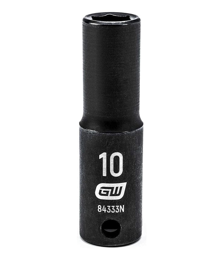 A close-up profile of the GEARWRENCH 10mm 6-point deep impact socket, model 84333N.