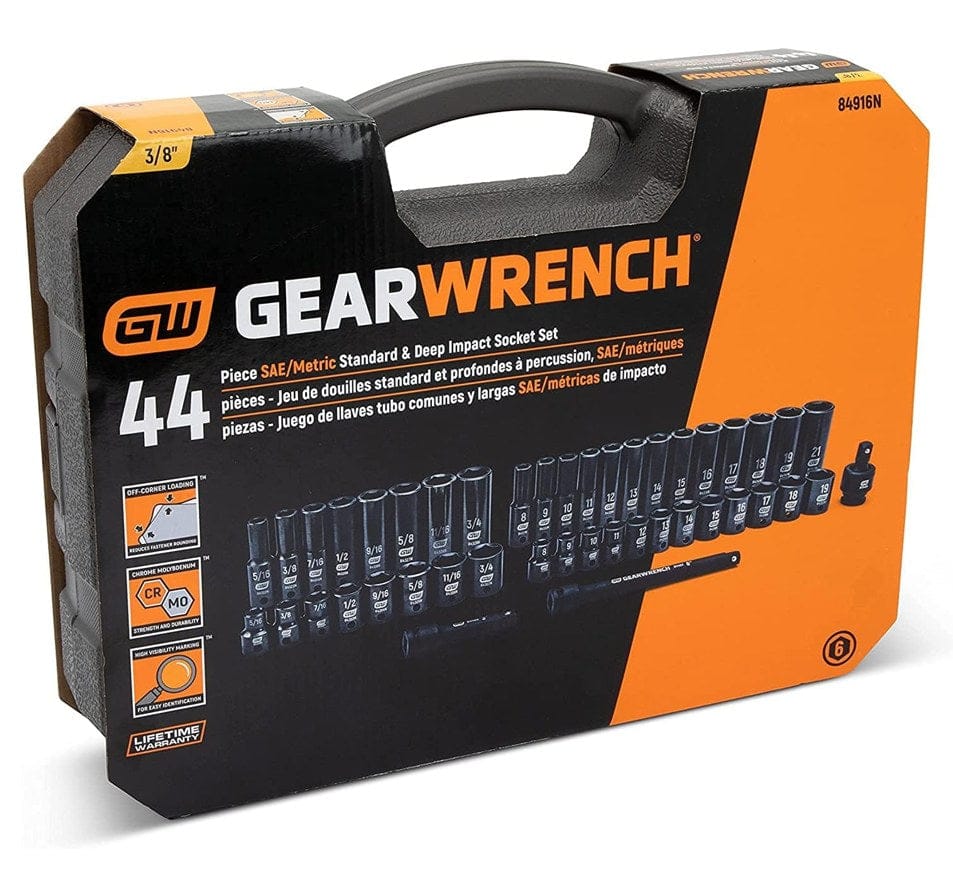 The front of the GEARWRENCH 84916N product packaging, showing the 44-piece SAE/Metric standard and deep impact socket set and its black carrying case.
