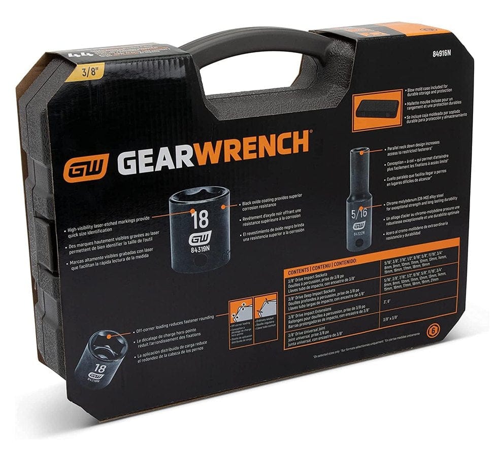 The back of the GEARWRENCH 84916N product packaging, detailing key features like 'Off-corner loading' and 'Black oxide coating,' and listing all 44 included socket sizes.