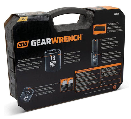 The back of the GEARWRENCH 84916N product packaging, detailing key features like 'Off-corner loading' and 'Black oxide coating,' and listing all 44 included socket sizes.
