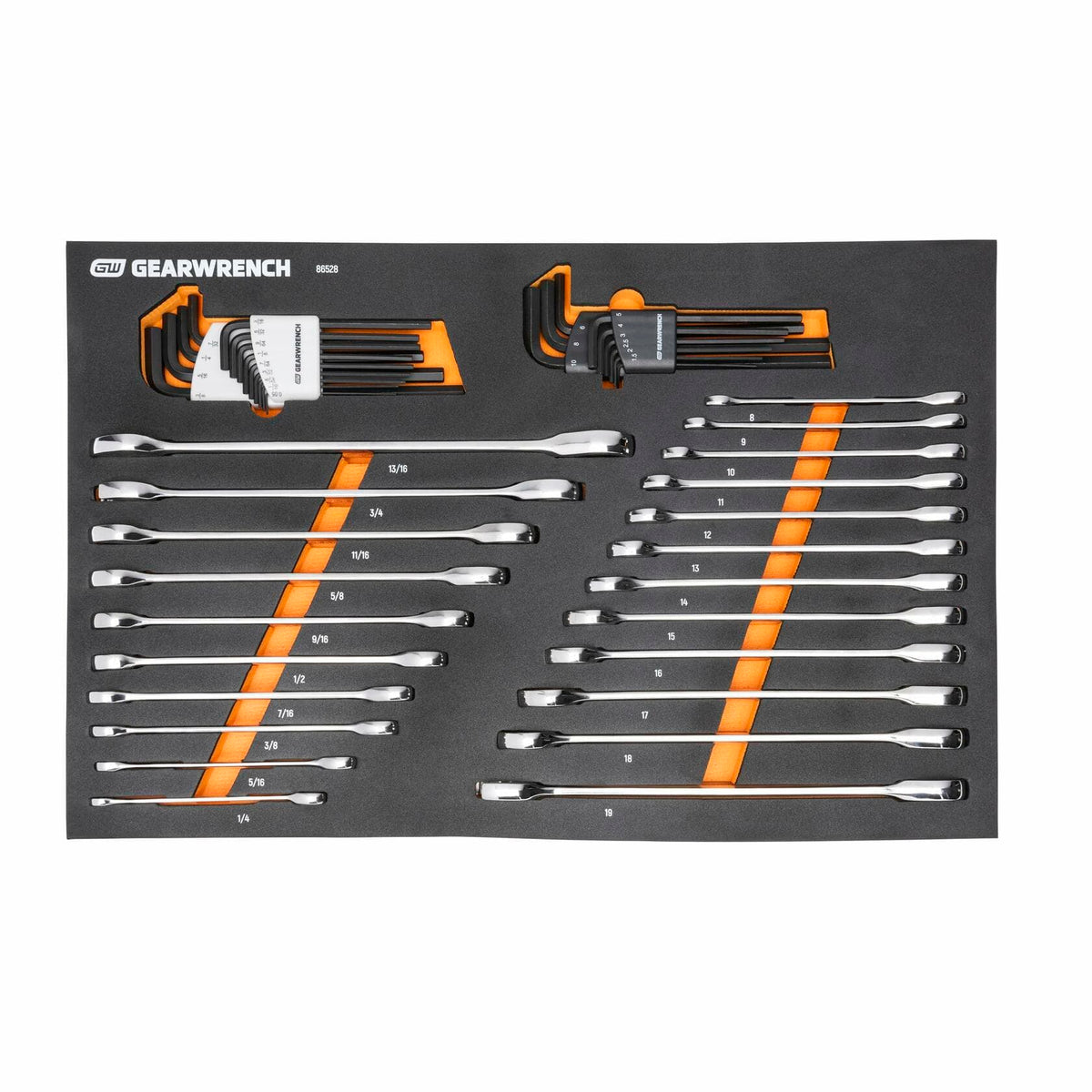GEARWRENCH foam tray labeled containing SAE and metric combination wrenches, two hex key sets in orange holders, and a digital caliper. Wrenches range from 1/4" to 7/8" and 6mm to 19mm. Tools are organized for professional use.