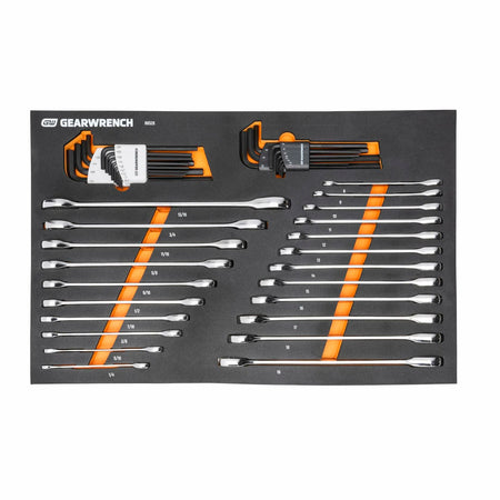 GEARWRENCH foam tray labeled containing SAE and metric combination wrenches, two hex key sets in orange holders, and a digital caliper. Wrenches range from 1/4" to 7/8" and 6mm to 19mm. Tools are organized for professional use.