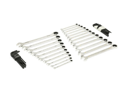 Two sets of GEARWRENCH hex keys in plastic holders. The white holder contains SAE sizes, and the black holder contains metric sizes labeled from 1.5mm to 10mm. These long-arm hex keys are used for driving fasteners with hexagonal sockets