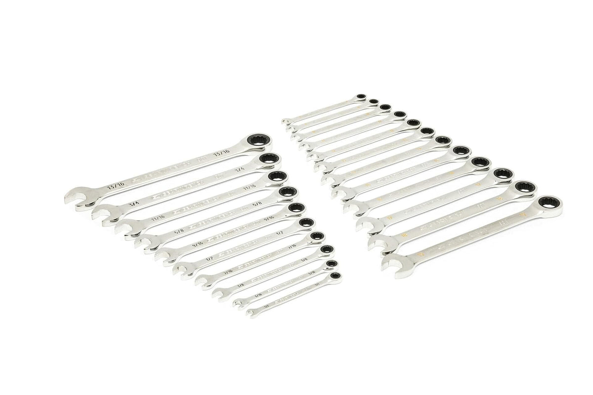 Two sets of polished chrome ratcheting combination wrenches arranged in triangular formations by size. The left set includes metric wrenches, and the right set includes SAE wrenches. Each wrench features an open-end and a ratcheting box-end for efficient fastening