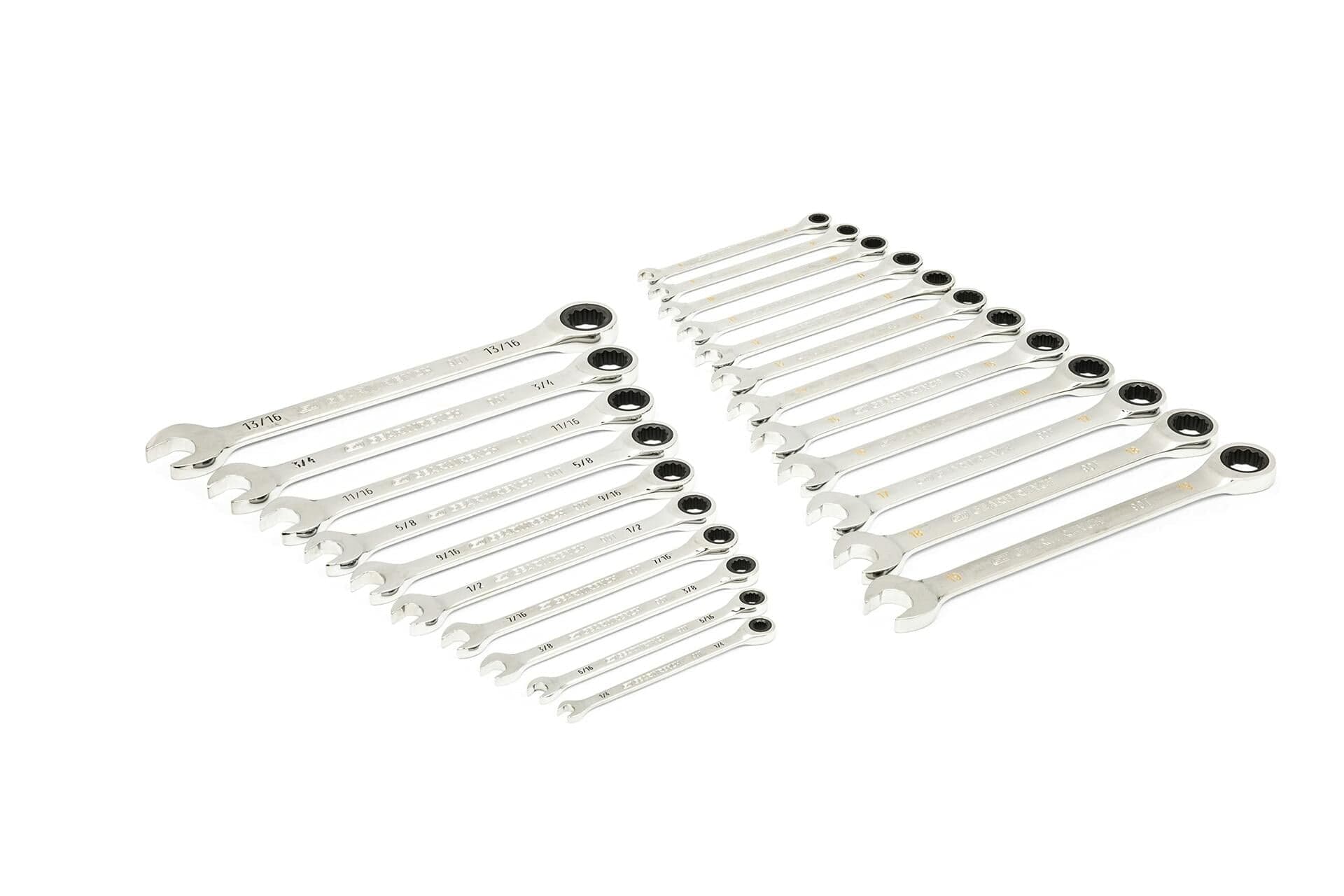 Two sets of polished chrome ratcheting combination wrenches arranged in triangular formations by size. The left set includes metric wrenches, and the right set includes SAE wrenches. Each wrench features an open-end and a ratcheting box-end for efficient fastening