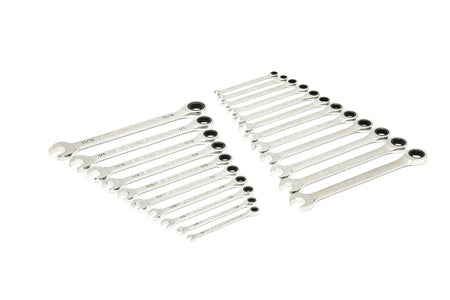 Two sets of polished chrome ratcheting combination wrenches arranged in triangular formations by size. The left set includes metric wrenches, and the right set includes SAE wrenches. Each wrench features an open-end and a ratcheting box-end for efficient fastening