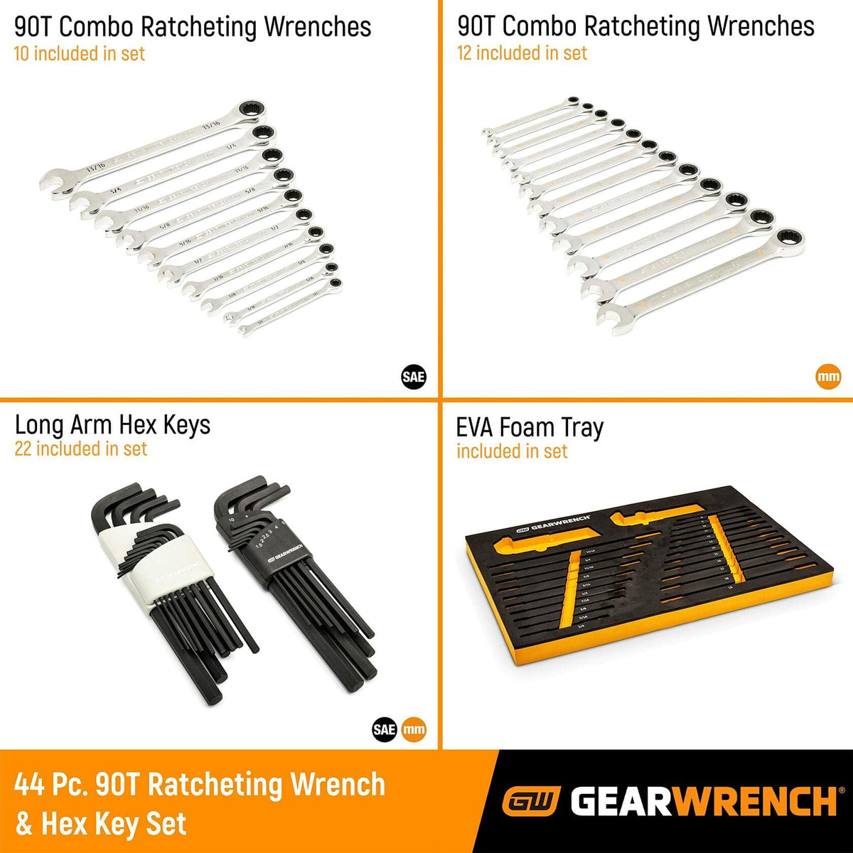 Promotional layout of the GEARWRENCH 44-piece set divided into four quadrants: 10 SAE ratcheting wrenches, 12 metric ratcheting wrenches, 22 long-arm hex keys, and an EVA foam tray. Includes tool visuals and quantity labels for each category.