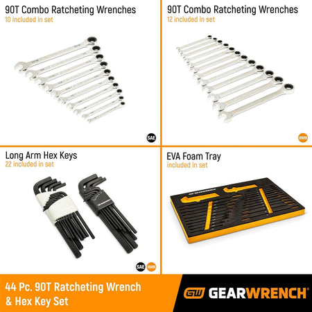 Promotional layout of the GEARWRENCH 44-piece set divided into four quadrants: 10 SAE ratcheting wrenches, 12 metric ratcheting wrenches, 22 long-arm hex keys, and an EVA foam tray. Includes tool visuals and quantity labels for each category.