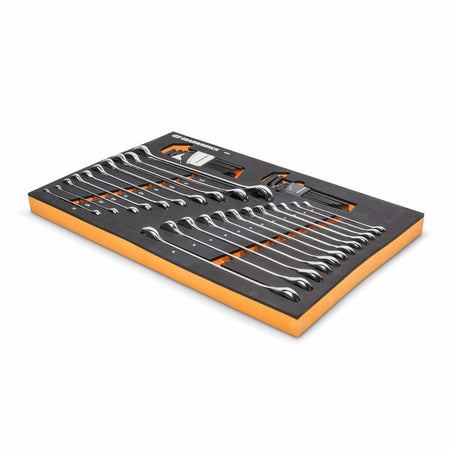 Foam tray with combination wrenches, hex keys, a utility knife, and other small hand tools. Tools are arranged in labeled cutouts with black foam and orange accents. Designed for professional tool organization in mechanical or automotive work.