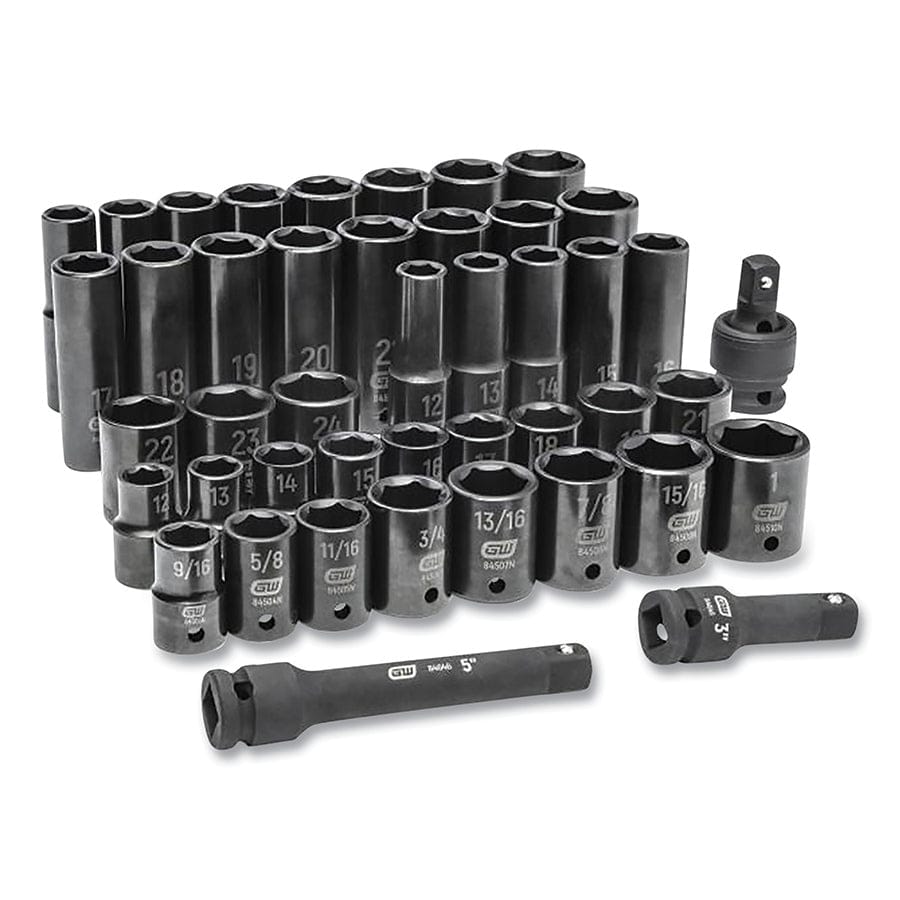 A comprehensive studio shot of the GEARWRENCH 44-piece 1/2 inch drive SAE and metric impact socket set, including standard and deep profile sockets, extension bars, and a universal joint, all featuring a professional black oxide finish.