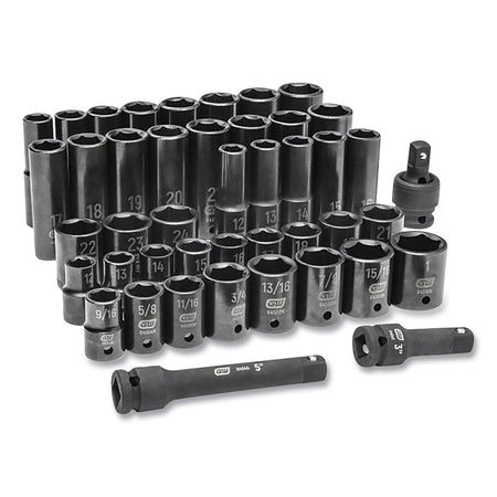 A comprehensive studio shot of the GEARWRENCH 44-piece 1/2 inch drive SAE and metric impact socket set, including standard and deep profile sockets, extension bars, and a universal joint, all featuring a professional black oxide finish.