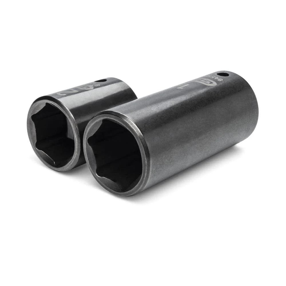A detailed close-up of two GEARWRENCH 1/2 inch drive impact sockets, showcasing the 6-point hex design, rugged black oxide finish, and high-visibility laser-etched size markings for quick identification.