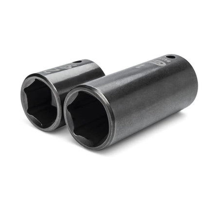A detailed close-up of two GEARWRENCH 1/2 inch drive impact sockets, showcasing the 6-point hex design, rugged black oxide finish, and high-visibility laser-etched size markings for quick identification.