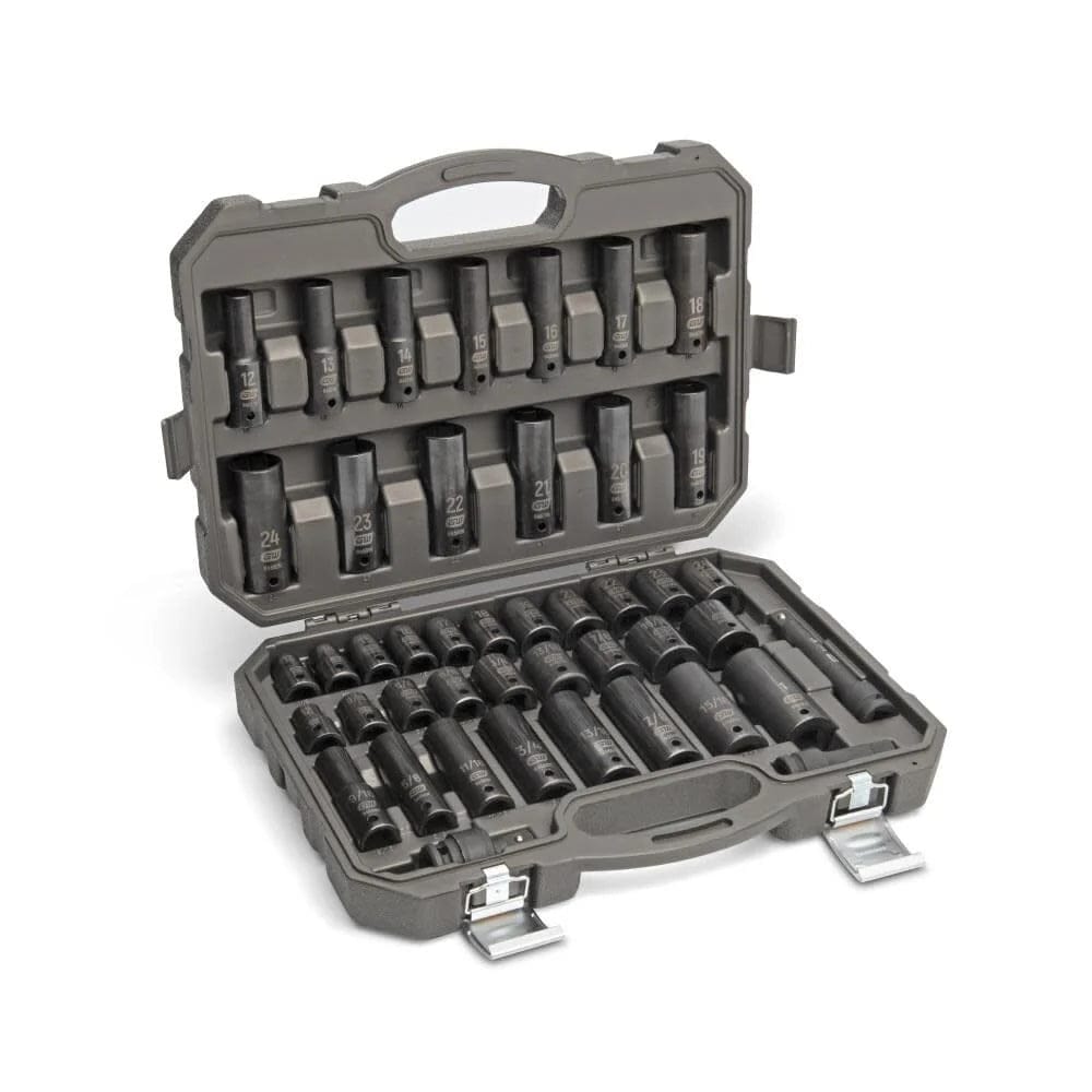 A wide-angle view of the complete GEARWRENCH 44-piece SAE and metric impact socket set organized within its heavy-duty grey blow-mold storage case, showcasing the full range of standard and deep sockets.