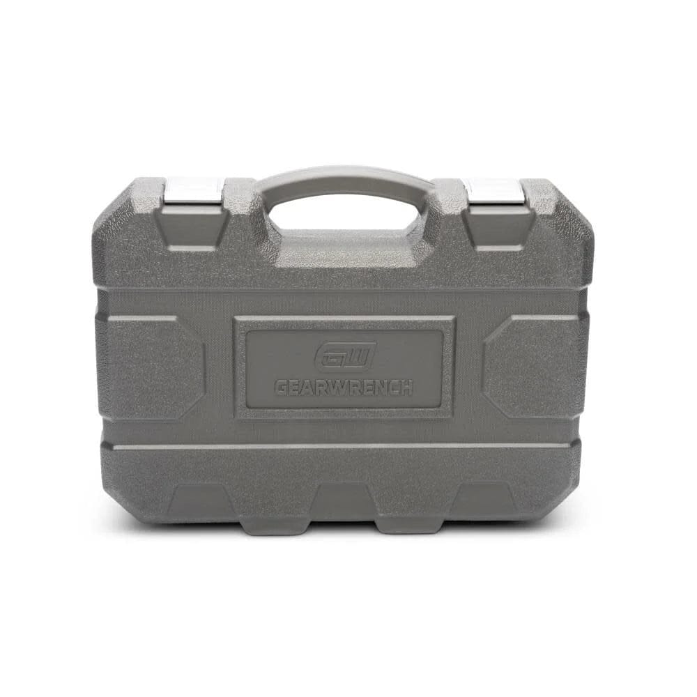 The front of the heavy-duty GEARWRENCH professional blow-mold storage case, featuring an integrated handle and secure latches designed to organize and protect the 44-piece impact socket set.