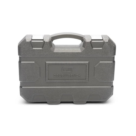 The front of the heavy-duty GEARWRENCH professional blow-mold storage case, featuring an integrated handle and secure latches designed to organize and protect the 44-piece impact socket set.