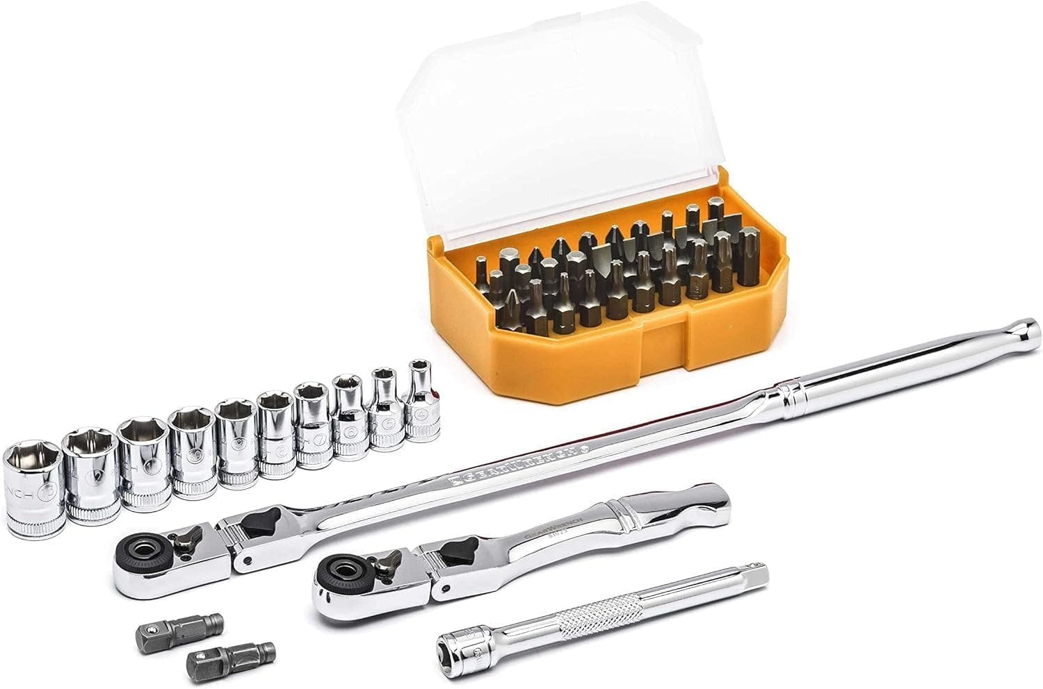 Full view of GEARWRENCH 45-piece ratchet and socket set including two ratchets, breaker bar, extension, metric sockets, and screwdriver bits in an orange case. Tools have polished chrome finish