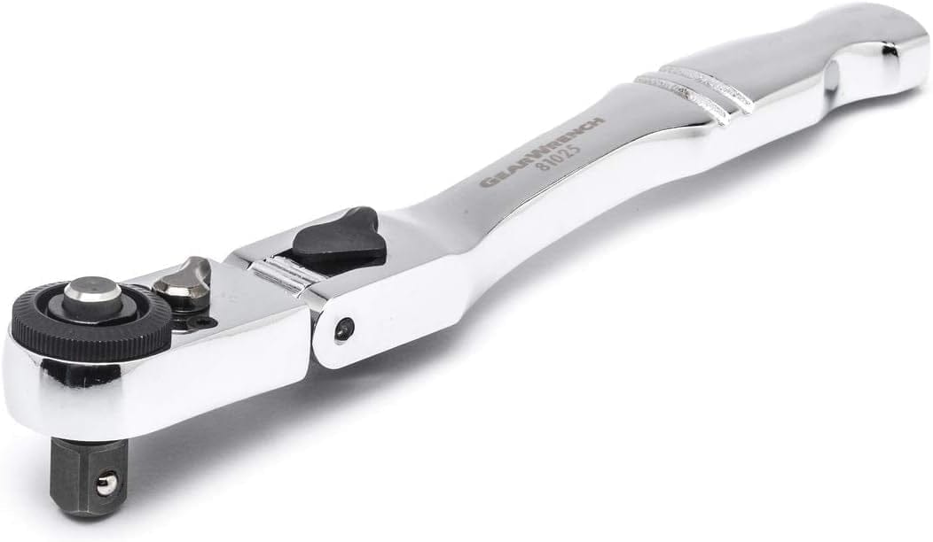 Close-up of GEARWRENCH ratchet wrench model 81025 with chrome finish and pivoting head. Directional switch and ratcheting mechanism visible at the tool’s head.