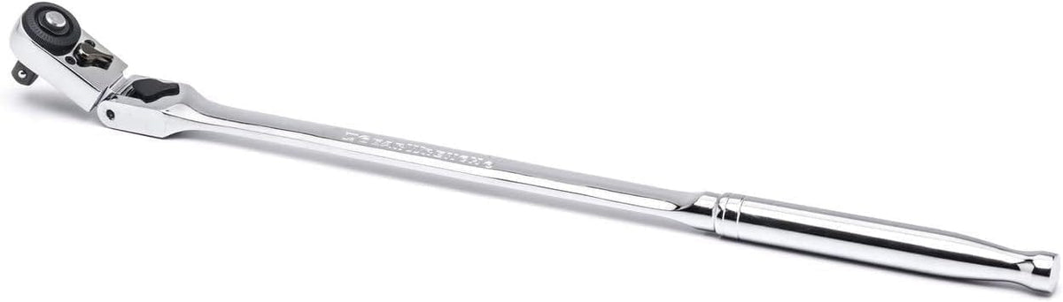 Long-handle GEARWRENCH ratchet wrench with polished chrome finish and pivoting head. Designed for improved access in confined mechanical or automotive spaces.