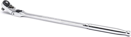 Long-handle GEARWRENCH ratchet wrench with polished chrome finish and pivoting head. Designed for improved access in confined mechanical or automotive spaces.