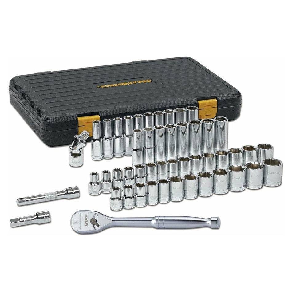 Complete GEARWRENCH 49-piece mechanics tool set displayed in front of a black and yellow blow mold case. Includes 120XP ratchet, extension bars, universal joint, and a full range of SAE and metric sockets in standard and deep formats.