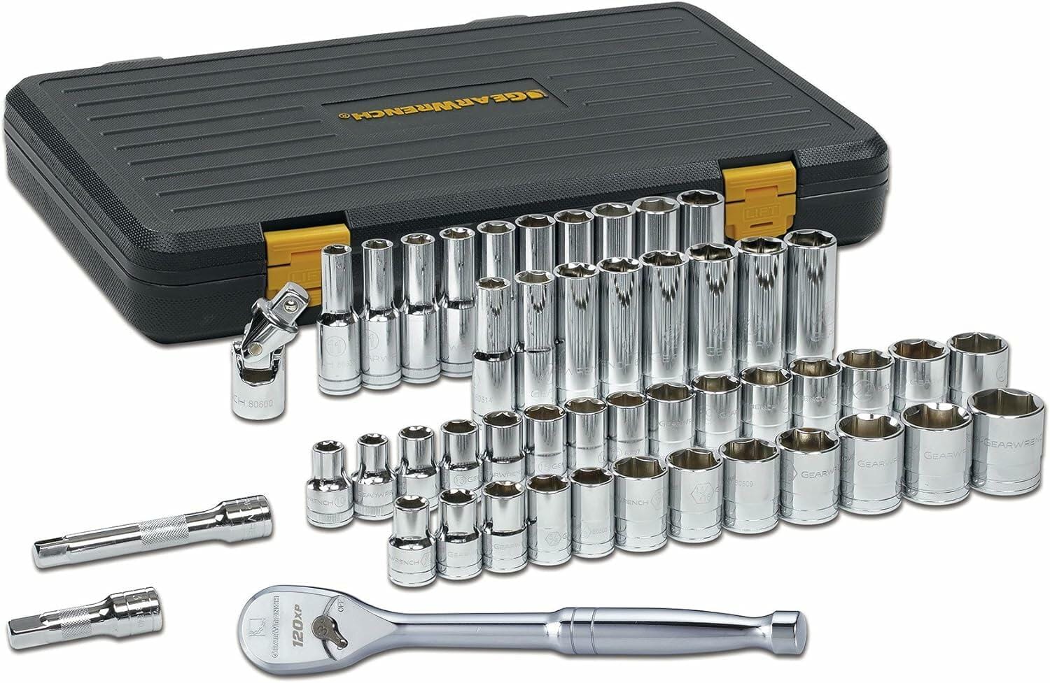 Complete GEARWRENCH 49-piece mechanics tool set displayed in front of a black and yellow blow mold case. Includes 120XP ratchet, extension bars, universal joint, and a full range of SAE and metric sockets in standard and deep formats.
