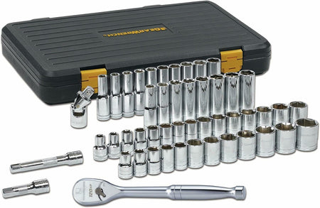 Complete GEARWRENCH 49-piece mechanics tool set displayed in front of a black and yellow blow mold case. Includes 120XP ratchet, extension bars, universal joint, and a full range of SAE and metric sockets in standard and deep formats.