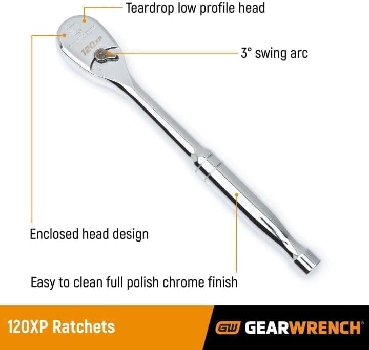 Promotional graphic of the GEARWRENCH 120XP ratchet highlighting features such as a low-profile teardrop head, enclosed design, 3° swing arc, and full polish chrome finish. Designed for tight access and high-performance torque applications.