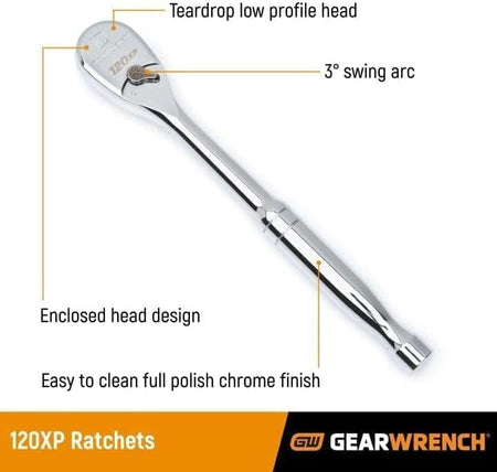 Promotional graphic of the GEARWRENCH 120XP ratchet highlighting features such as a low-profile teardrop head, enclosed design, 3° swing arc, and full polish chrome finish. Designed for tight access and high-performance torque applications.