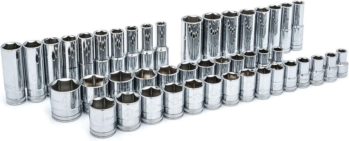 Organized layout of chrome-finished 6-point sockets from the GEARWRENCH 49-piece mechanics tool set. Includes both shallow and deep sockets in SAE and metric sizes, arranged in ascending order for easy identification and access