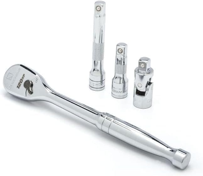 Close-up of a ratchet wrench and three socket accessories from the GEARWRENCH 49-piece tool set. Includes two knurled extension bars and a universal joint adapter, all chrome-finished for durability and corrosion resistance