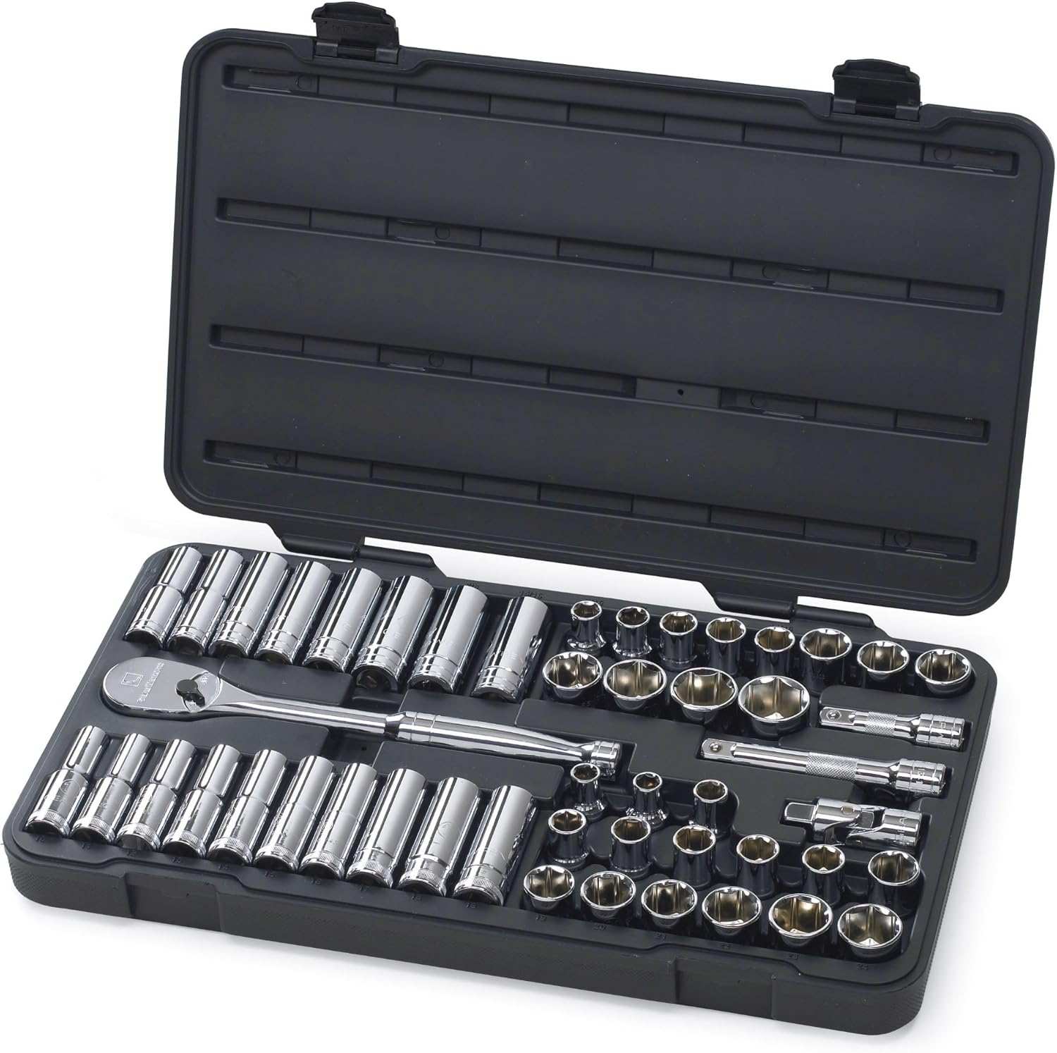 GearWrench 80700D 49-piece 1/2-inch drive socket set organized in a heavy-duty black blow-molded carrying case containing a 90-tooth ratchet, extensions, and a full range of SAE and Metric 6-point sockets.
