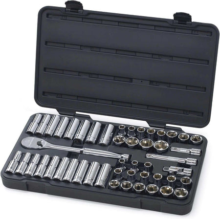 GearWrench 80700D 49-piece 1/2-inch drive socket set organized in a heavy-duty black blow-molded carrying case containing a 90-tooth ratchet, extensions, and a full range of SAE and Metric 6-point sockets.