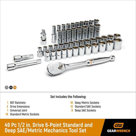 Product infographic displaying the complete contents of the GearWrench 49-piece professional mechanics tool set including standard and deep 6-point sockets, 90-tooth ratchet, extensions, and a universal joint.