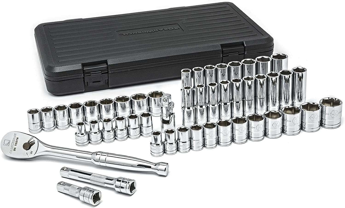 GearWrench 49-piece 1/2-inch drive socket set displayed in front of its closed protective storage case, showcasing the high-polish chrome finish on all tools, the 90-tooth professional ratchet, and accessories.