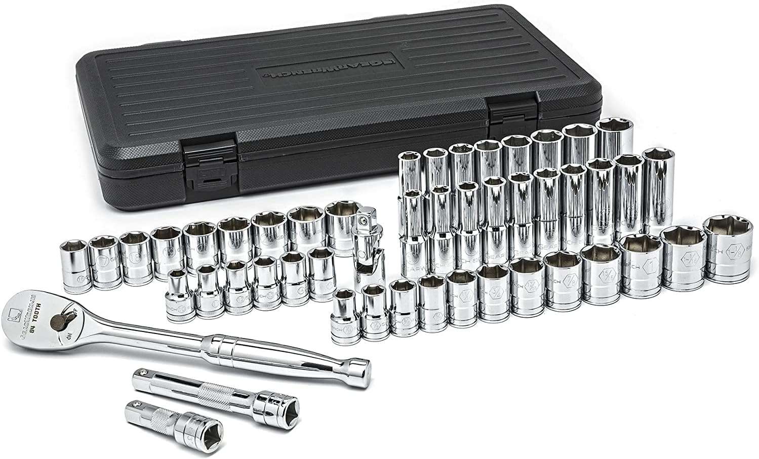 GearWrench 49-piece 1/2-inch drive socket set displayed in front of its closed protective storage case, showcasing the high-polish chrome finish on all tools, the 90-tooth professional ratchet, and accessories.