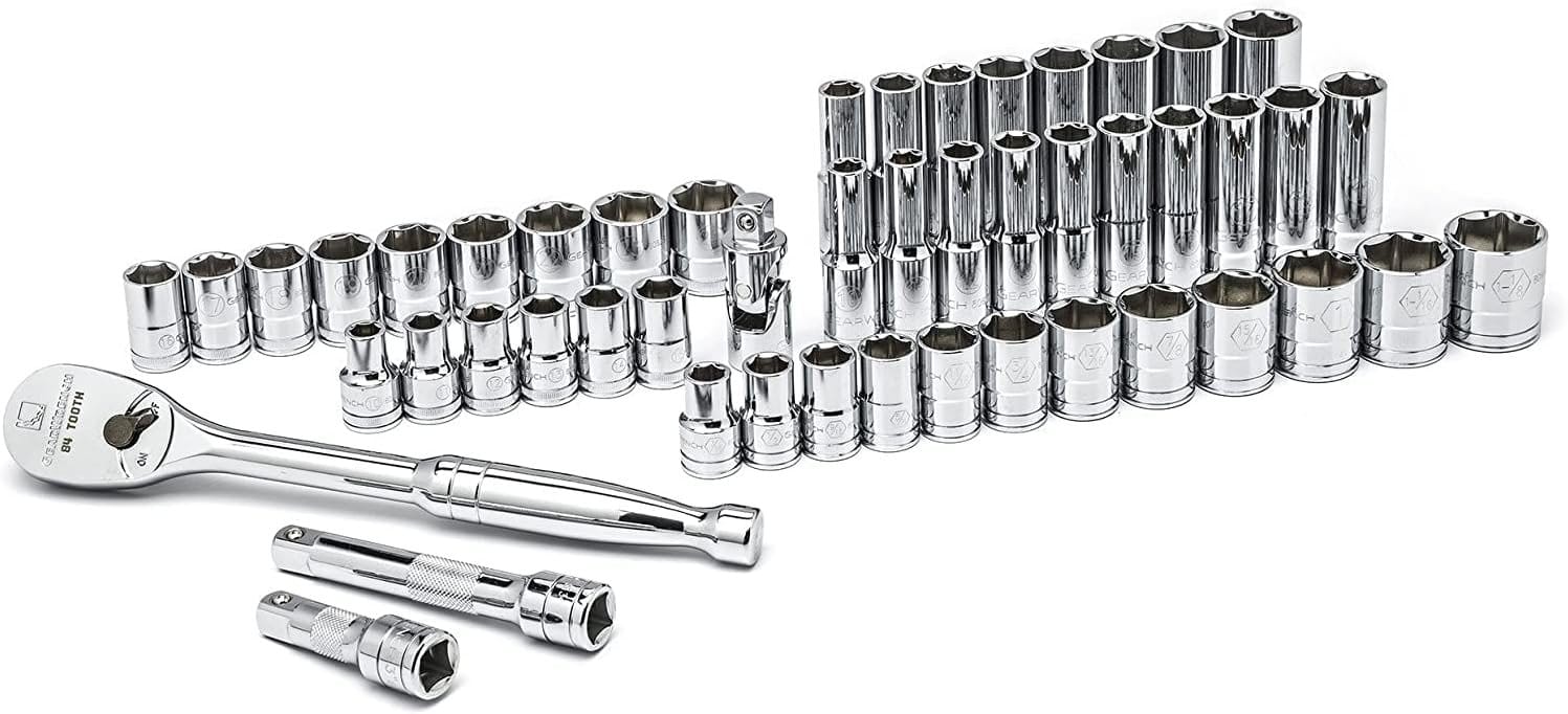 Comprehensive view of the GearWrench 1/2-inch drive professional mechanics tools including standard and deep 6-point sockets in SAE and Metric sizes with a 90-tooth teardrop ratchet and extensions.