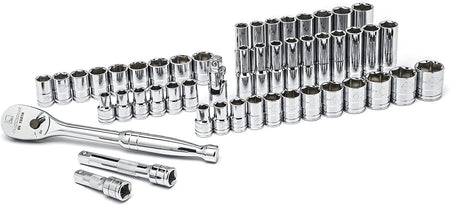 Comprehensive view of the GearWrench 1/2-inch drive professional mechanics tools including standard and deep 6-point sockets in SAE and Metric sizes with a 90-tooth teardrop ratchet and extensions.