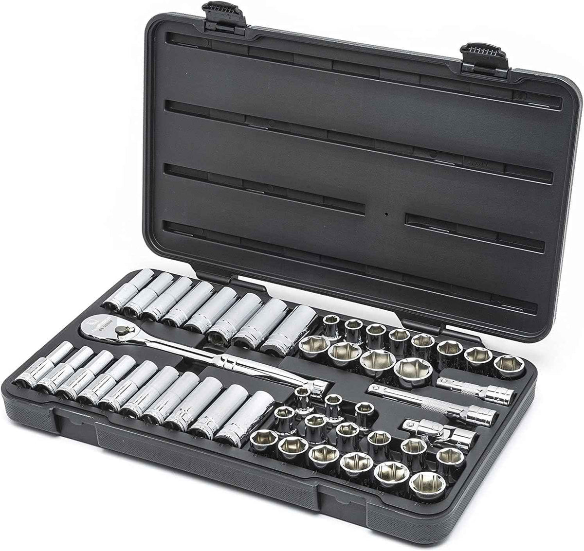 The GearWrench 49-piece 1/2-inch drive 6-point socket set shown inside its portable black carrying case, perfect for mobile professional mechanics and industrial maintenance applications.