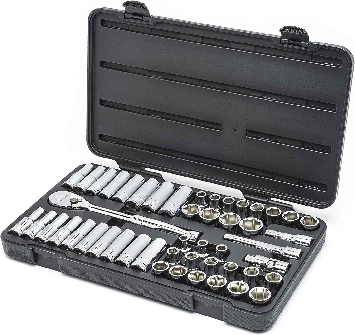 The GearWrench 49-piece 1/2-inch drive 6-point socket set shown inside its portable black carrying case, perfect for mobile professional mechanics and industrial maintenance applications.