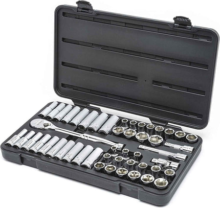 The GearWrench 49-piece 1/2-inch drive 6-point socket set shown inside its portable black carrying case, perfect for mobile professional mechanics and industrial maintenance applications.