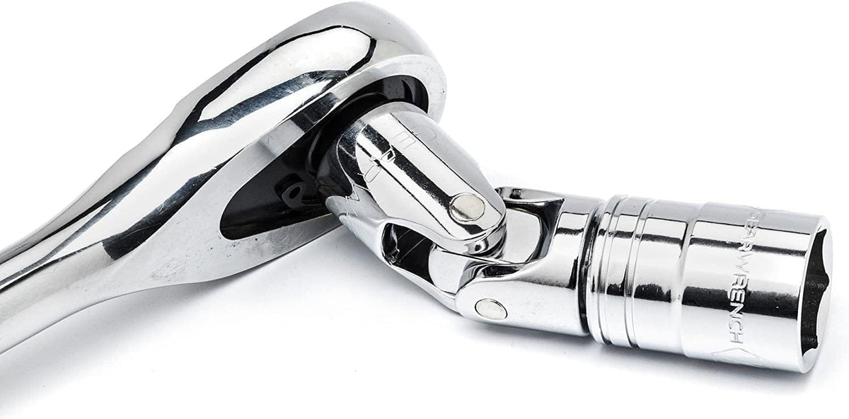 Close-up view of the GearWrench 1/2-inch drive 90-tooth professional ratchet attached to a universal joint and 6-point socket, demonstrating the high-polish chrome finish and smooth pivoting action.