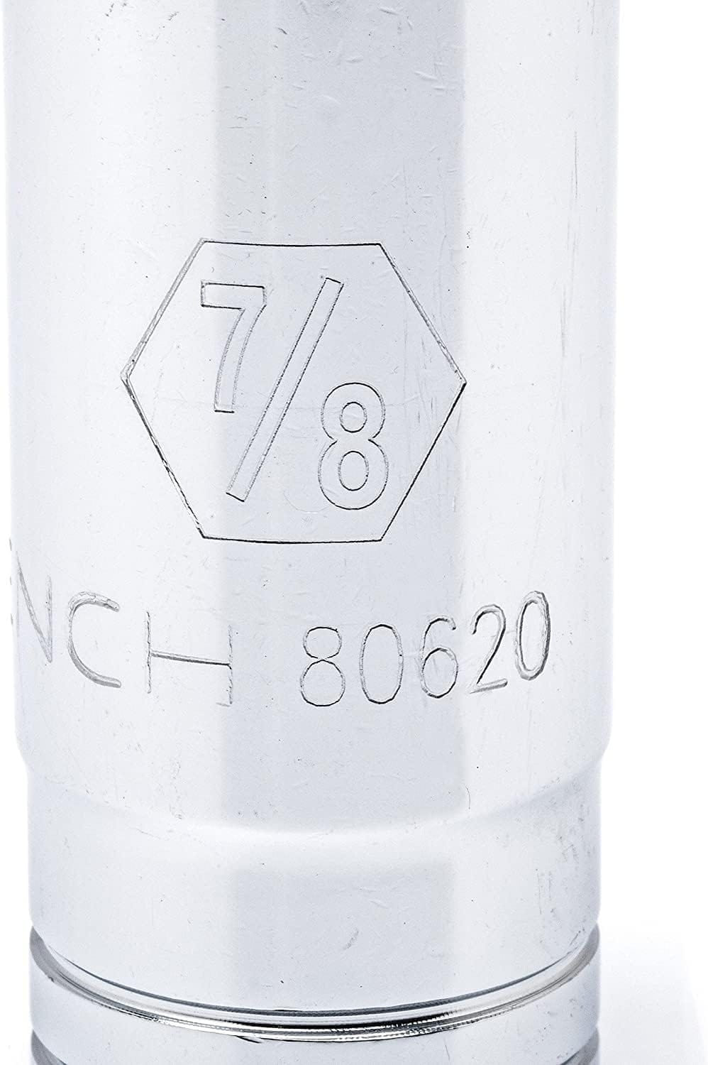 Detailed view of a GearWrench 1/2-inch drive socket highlighting the large hard-stamped 7/8 inch size marking and the manufacturer part number 80620 for easy identification and tool tracking.