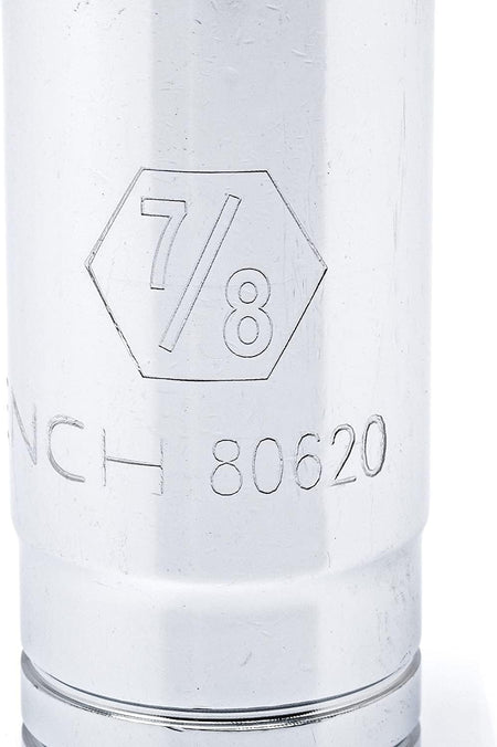 Detailed view of a GearWrench 1/2-inch drive socket highlighting the large hard-stamped 7/8 inch size marking and the manufacturer part number 80620 for easy identification and tool tracking.