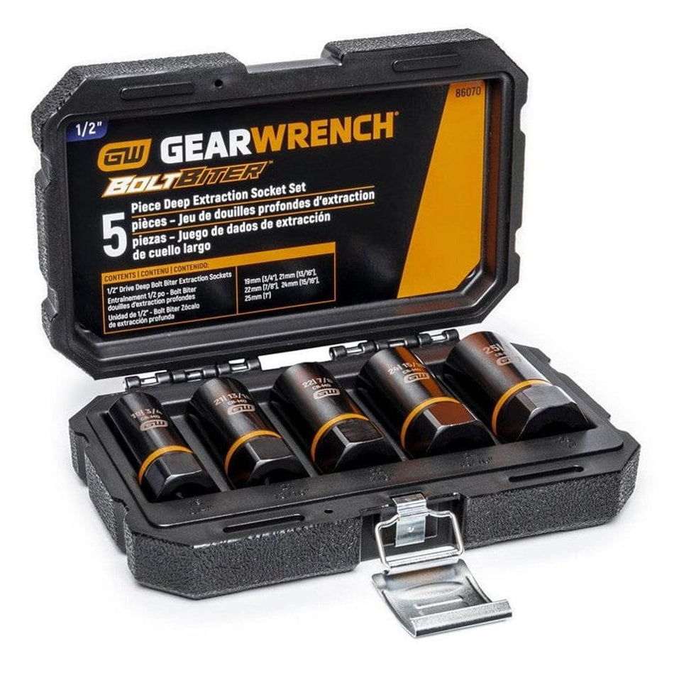The GEARWRENCH 5-piece Bolt Biter Deep Extraction Socket Set open in its black blow mold case, showing the five black and orange sockets secured inside and the size chart printed on the lid.