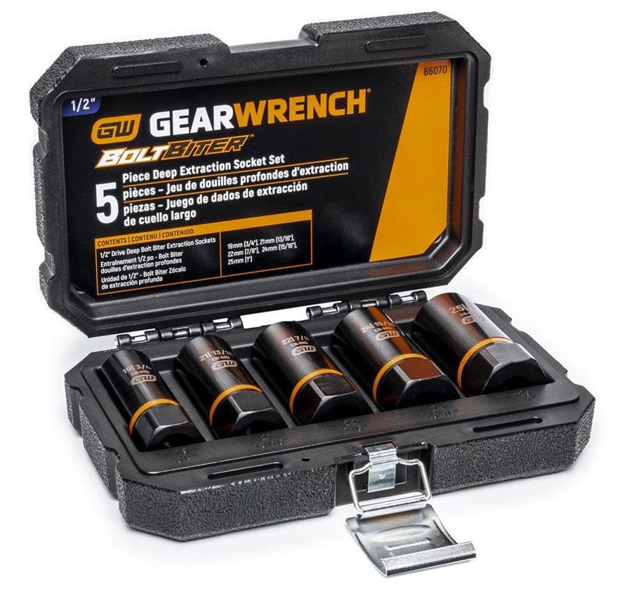 The GEARWRENCH 5-piece Bolt Biter Deep Extraction Socket Set open in its black blow mold case, showing the five black and orange sockets secured inside and the size chart printed on the lid.