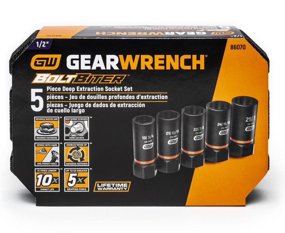 The retail packaging box for the GEARWRENCH 5-piece Bolt Biter Deep Extraction Socket Set, highlighting the sizes included and key features like "10X Longer Impact Life" and "Removes Rusted and Rounded Fasteners."