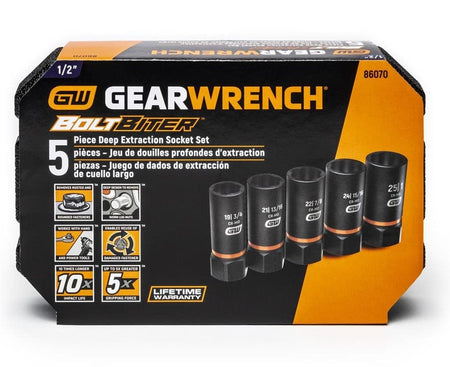 The retail packaging box for the GEARWRENCH 5-piece Bolt Biter Deep Extraction Socket Set, highlighting the sizes included and key features like "10X Longer Impact Life" and "Removes Rusted and Rounded Fasteners."